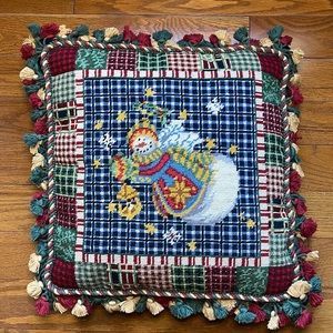 NEEDLEPOINT Christmas Pillow Wool Snowman Cording Fringe Velvet Zipper Down VTG